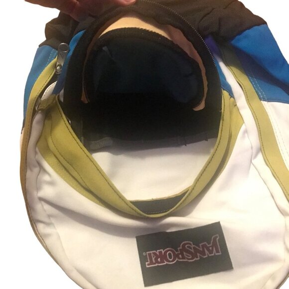 Vintage 2000s Jansport Basic White Blue Green Canvas Backpack School Bag Medium - Picture 4 of 5